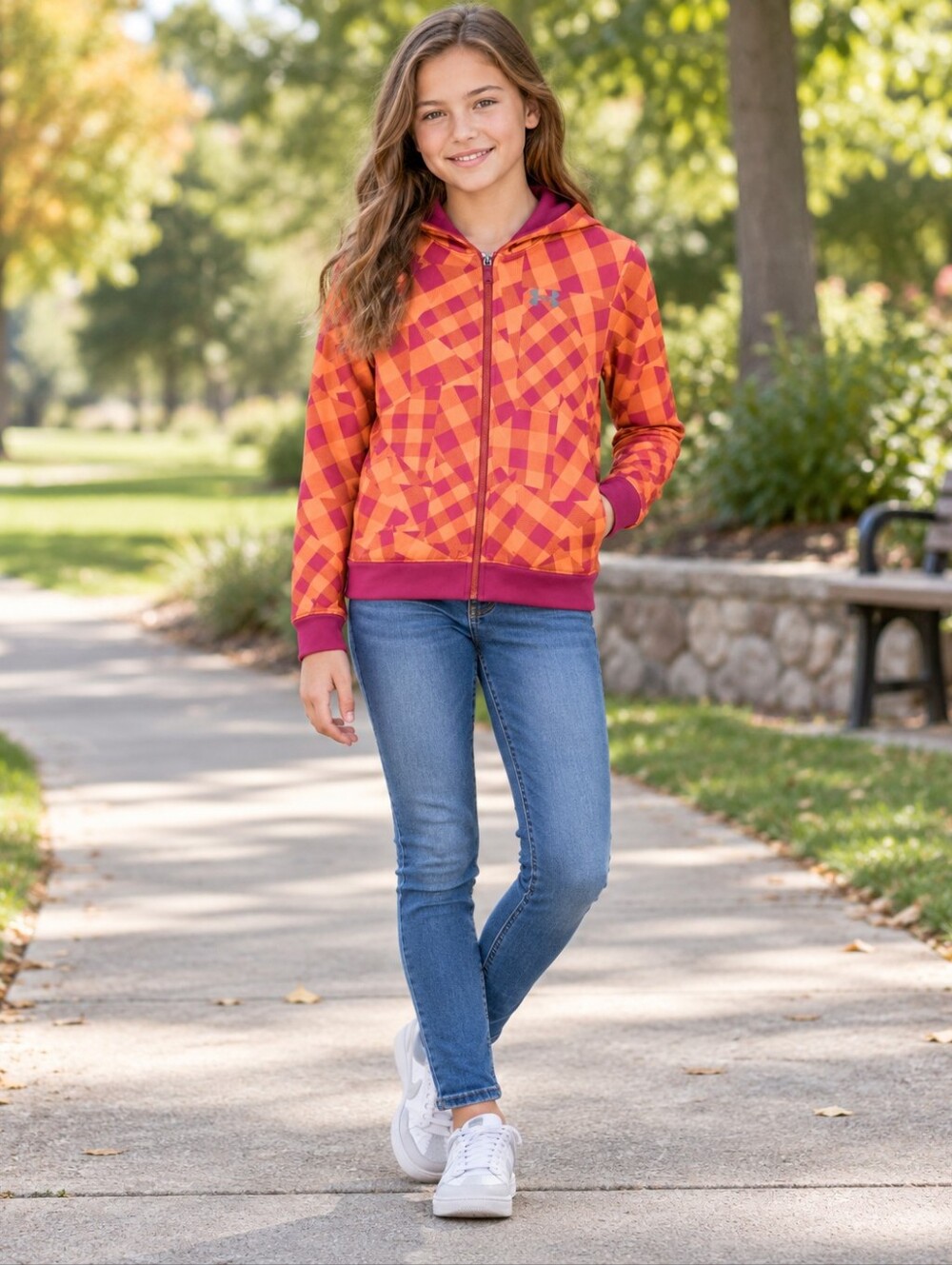 Under Armour Girls' Orange & Pink Plaid Zip Hoodie
